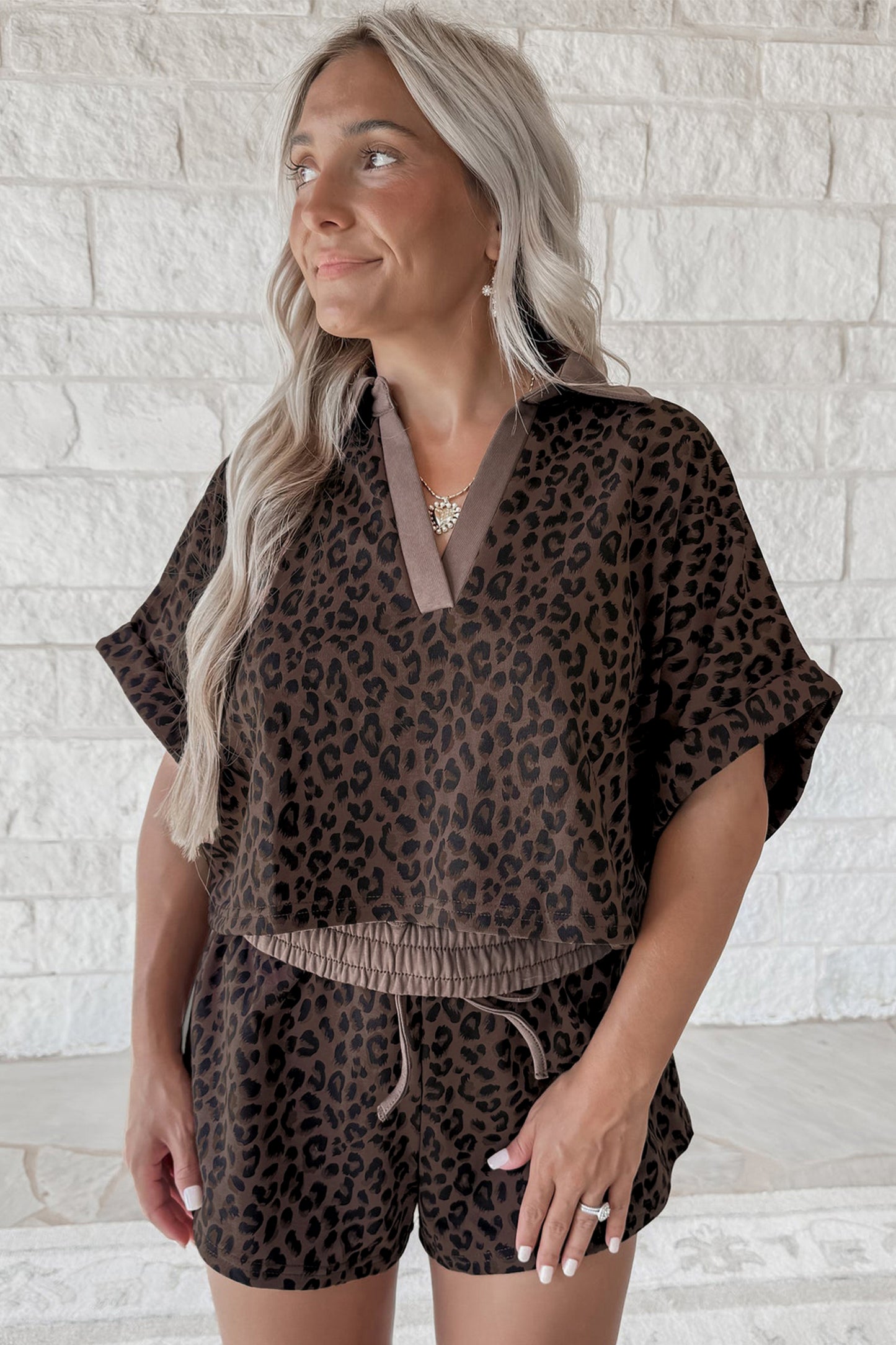 Khaki V Neck Collar Leopard Printed 2pcs Short Set
