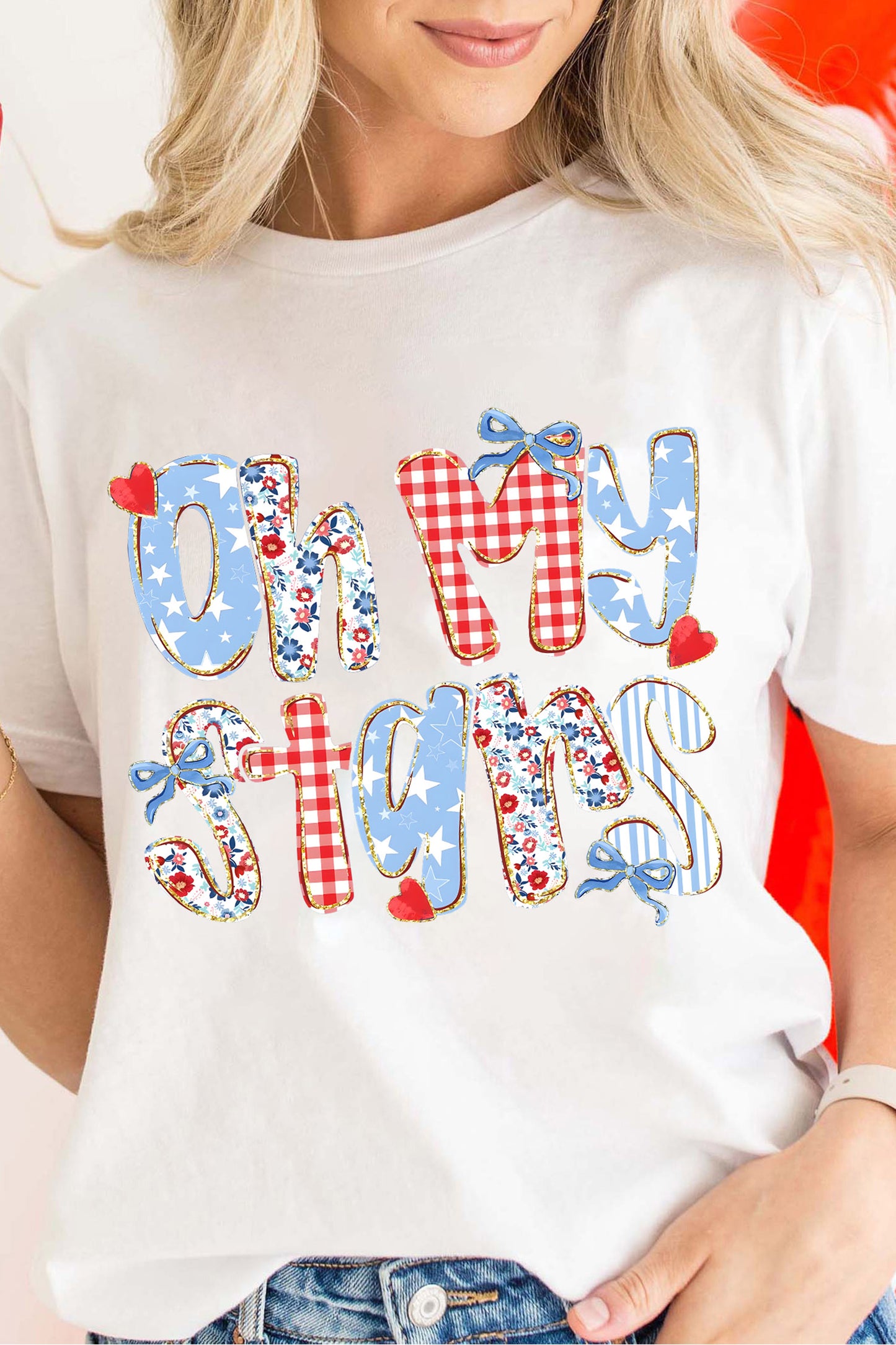 White Patriotic Oh My Stars Slogan Graphic T-Shirt