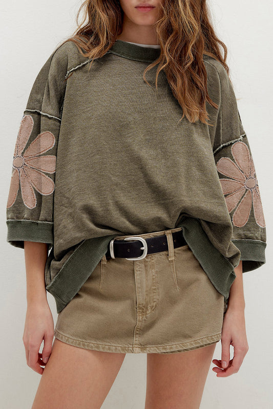 Breen Mineral Wash Raw Seam Patchwork Flower Patched 3/4 Sleeve Oversize Top
