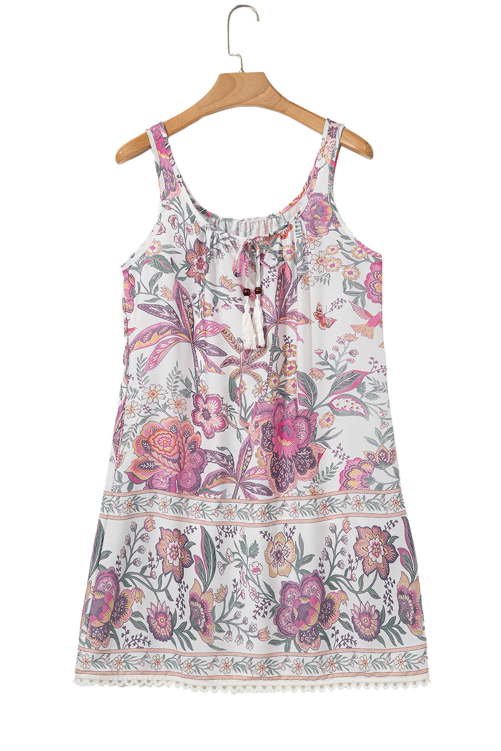 Multicolour Boho Floral Tassel Tie U Neck Mini Dress