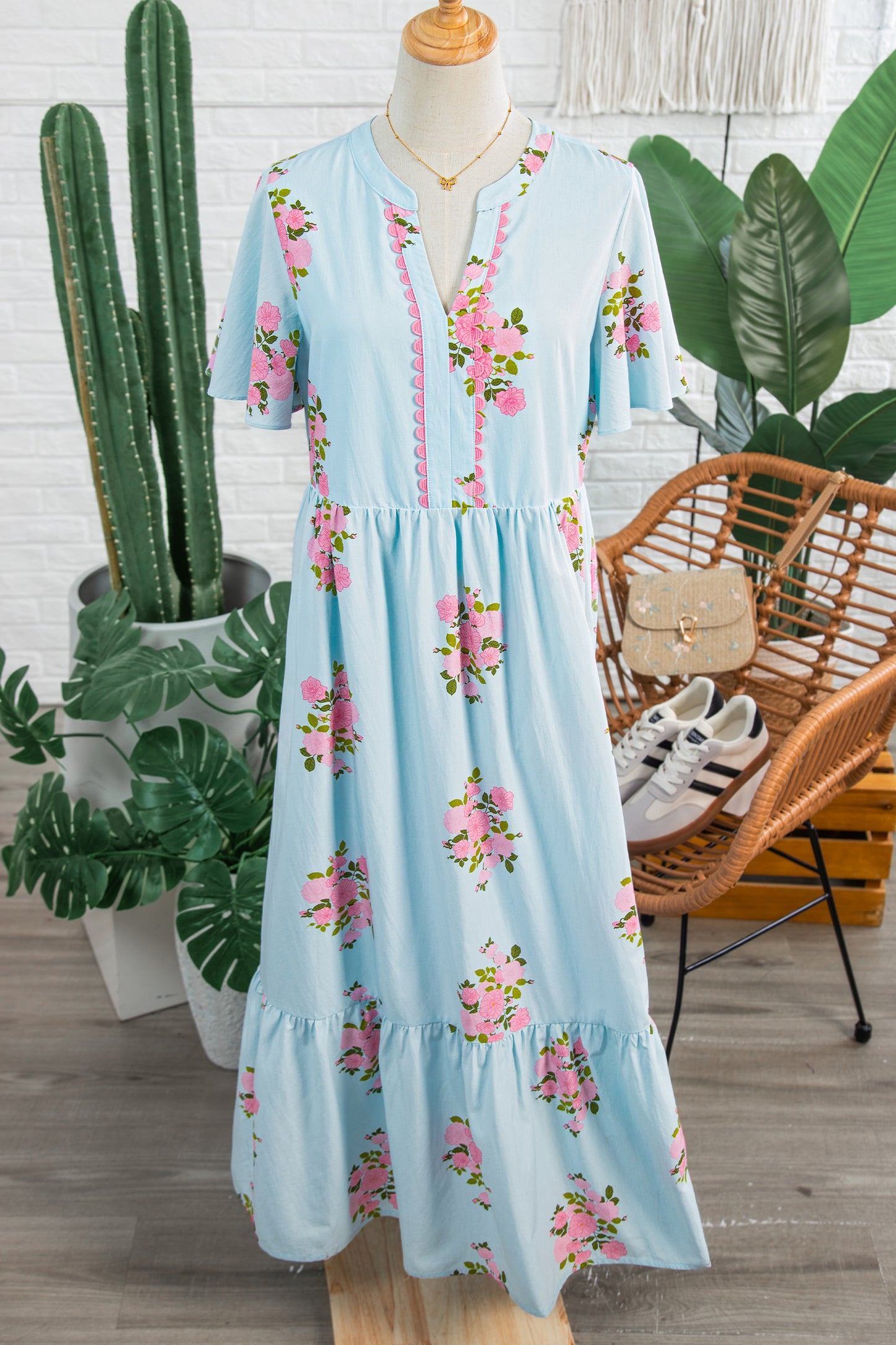 Pink Notched Neck Flutter Short Sleeve Floral Print Maxi Dress