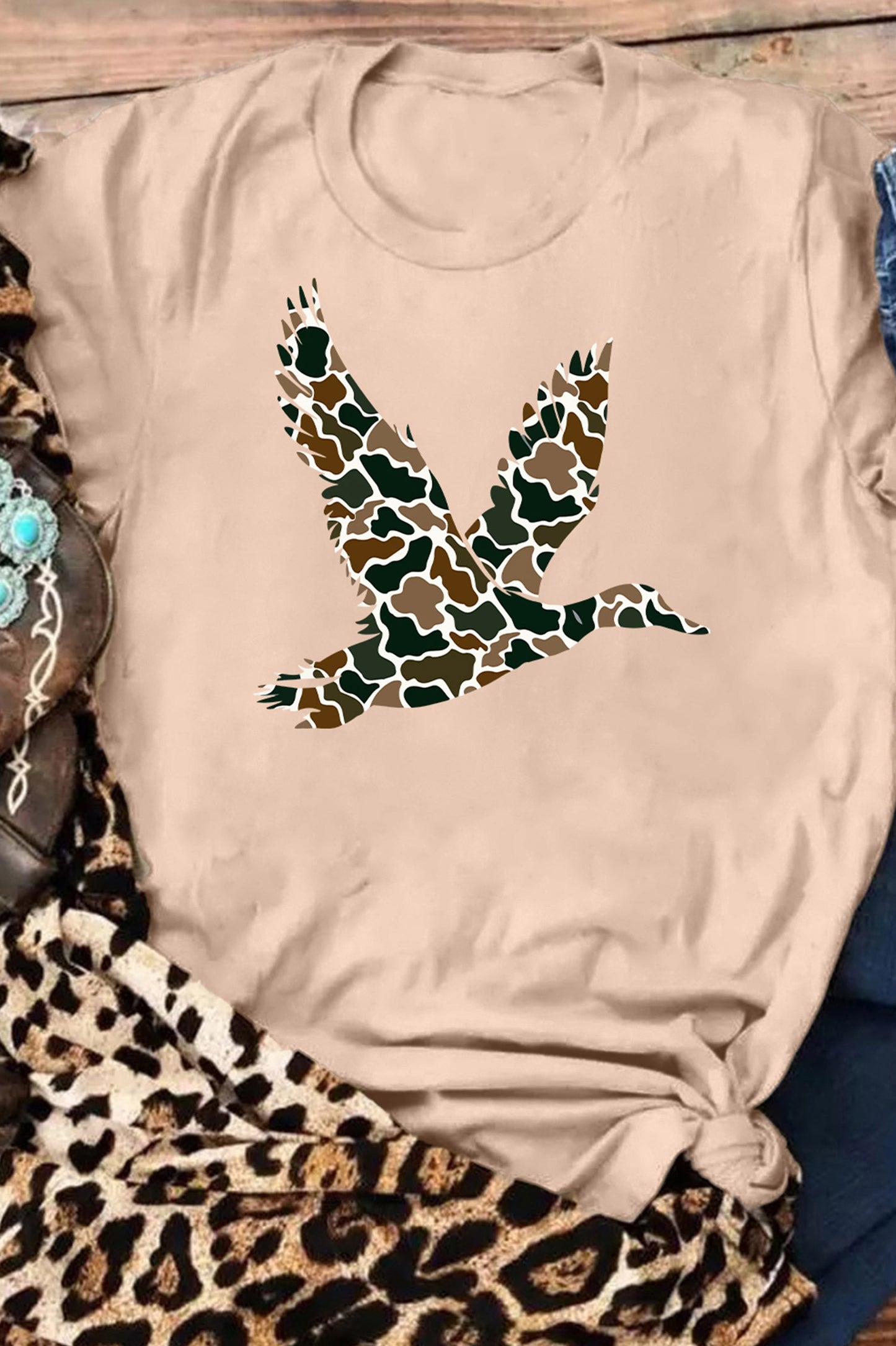 Khaki Camo Flying Mallard Print Summer Casual Tee