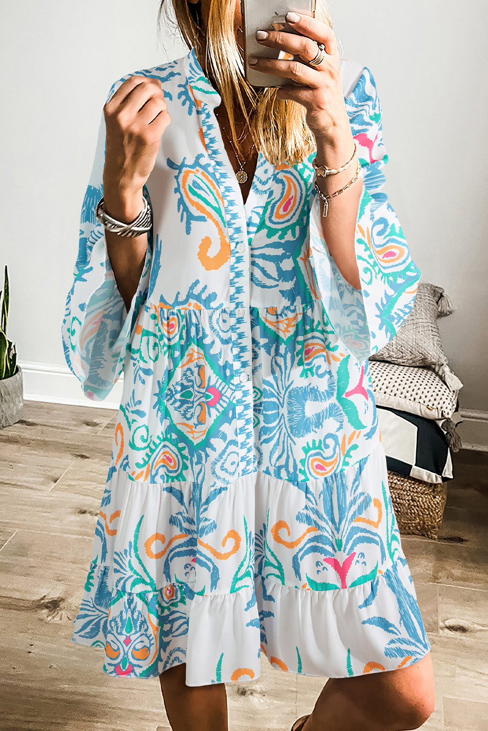 Sky Blue Ethnic Print Boho Tiered Mini Dress