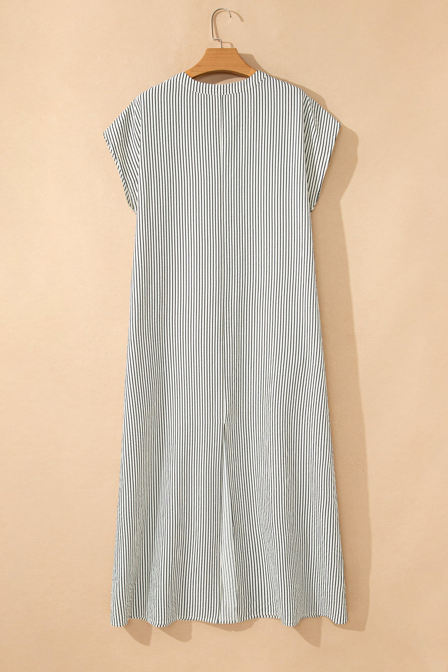 Red Stripe Frilled Detail Half Buttons Short Sleeve Long Dress