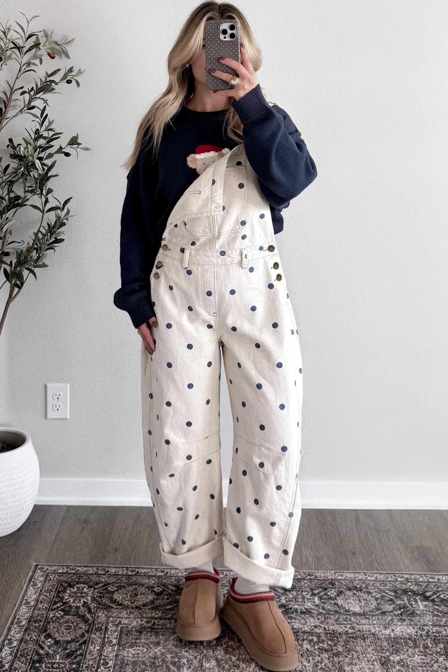 Light French Beige Polka Dot Print Bib Pocket Denim Barrel Overalls Jumpsuit