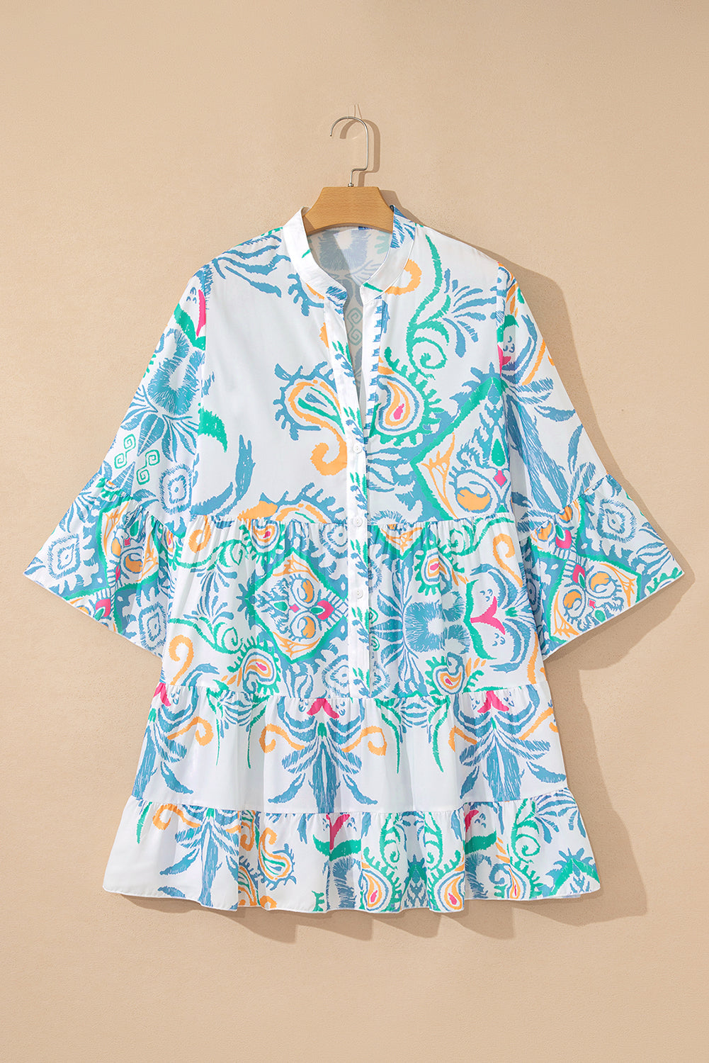 Sky Blue Ethnic Print Boho Tiered Mini Dress