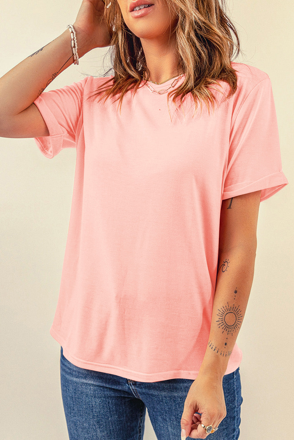 Sachet Pink Solid Color Basic Crew Neck Plain Tee