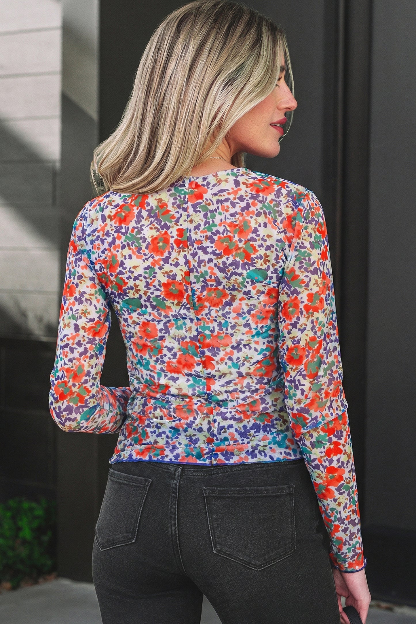 Rose Slim Fit Floral Mesh Long Sleeve Mock Neck Top