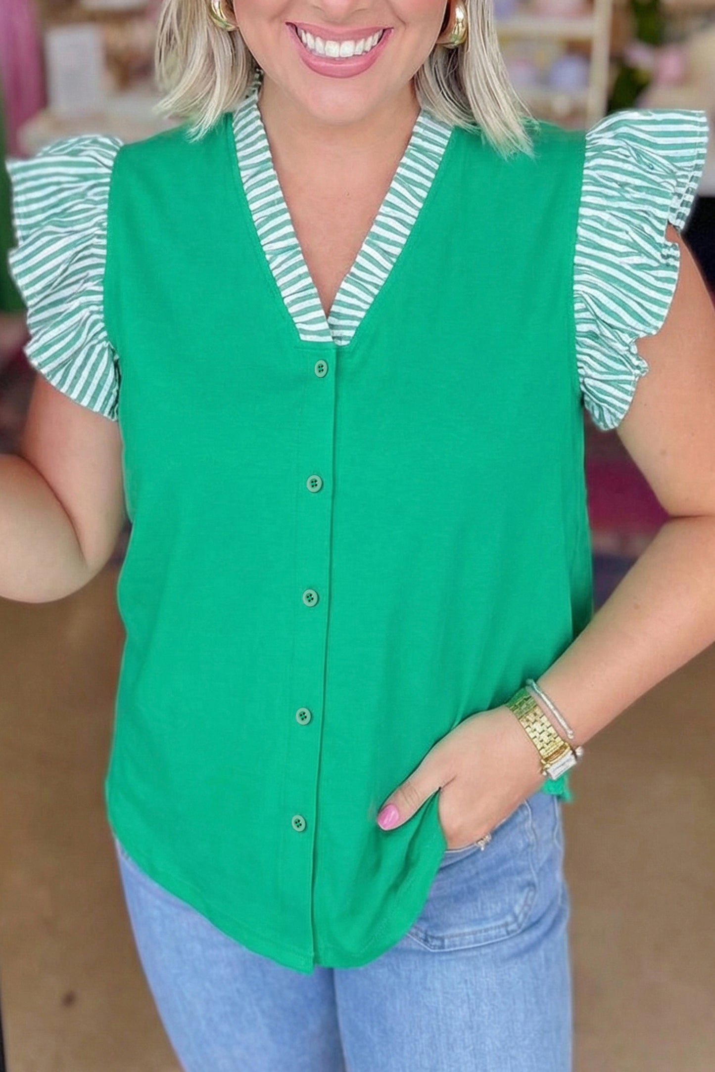 Dark Green Plus Size Button Front Ruffled Stripe Trim V Neck Flutter Sleeve Blouse