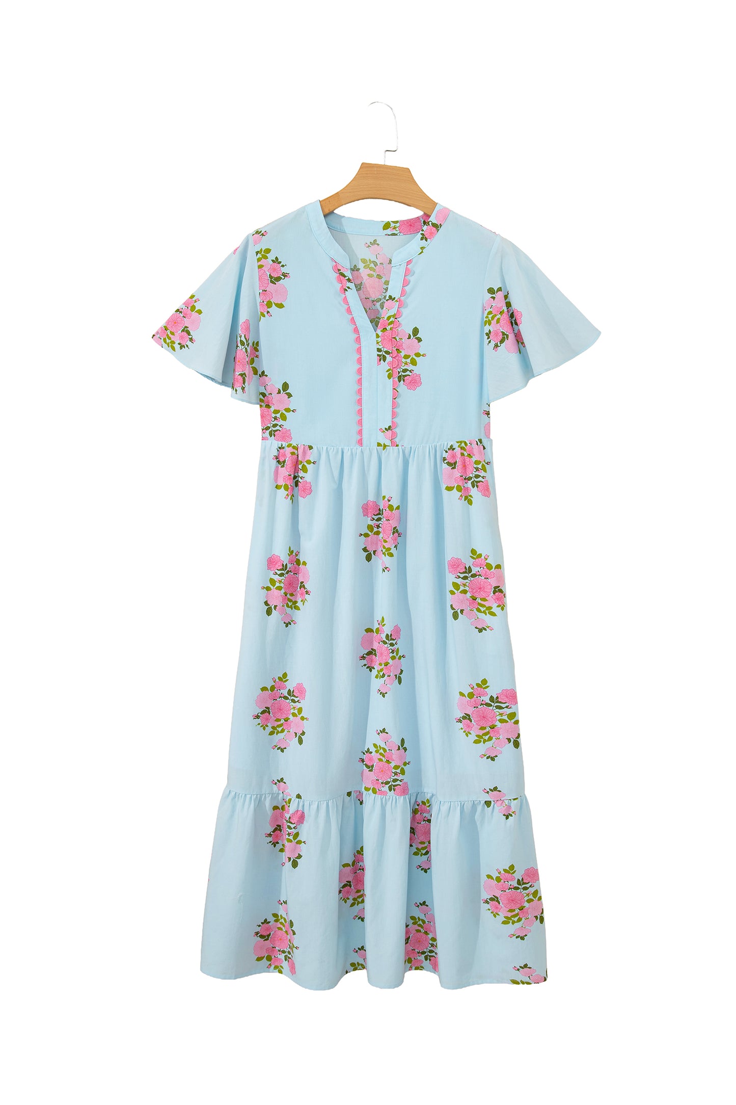 Pink Notched Neck Flutter Short Sleeve Floral Print Maxi Dress