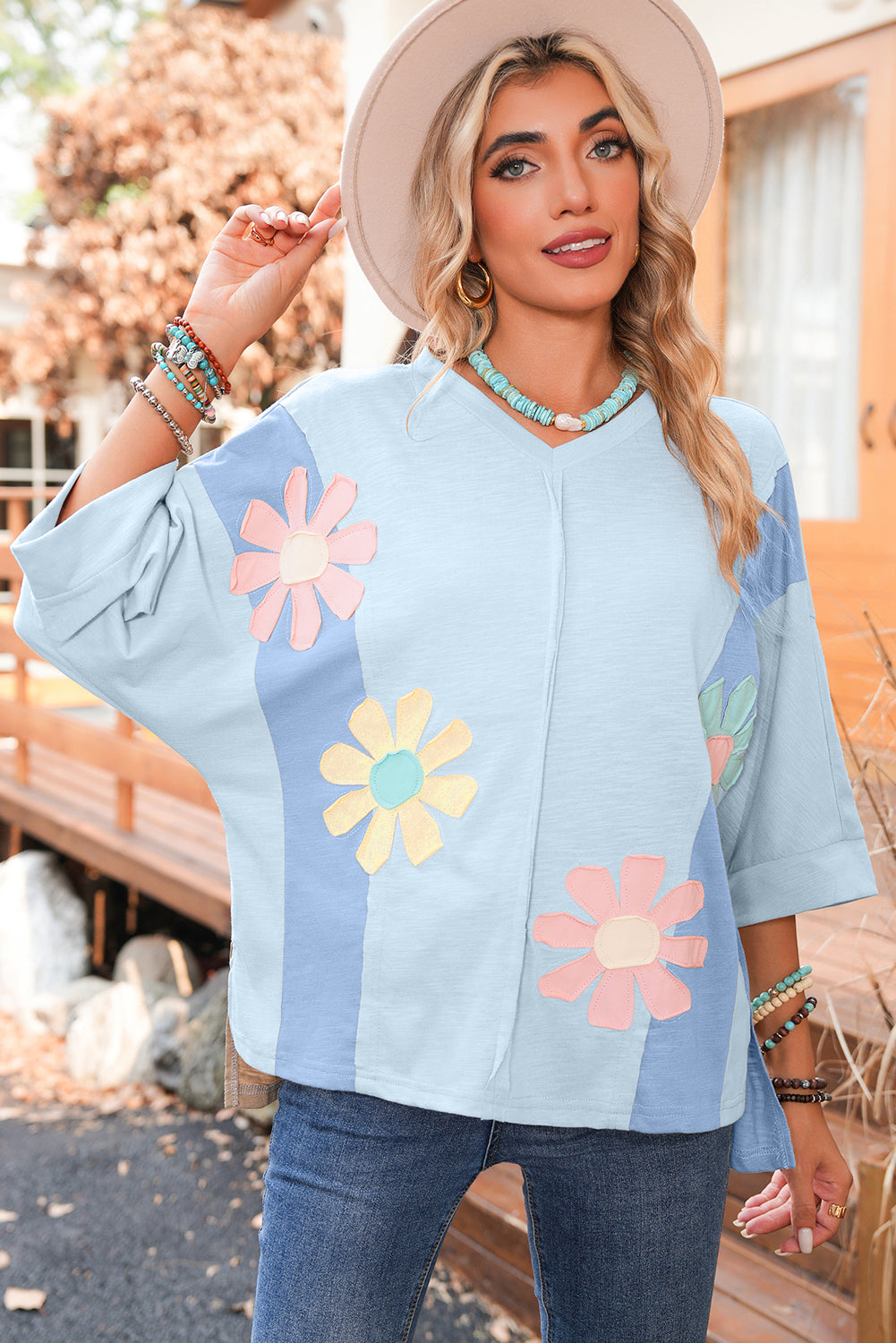 Light Blue Flower Patched Exposed Seam 3/4 Sleeve top