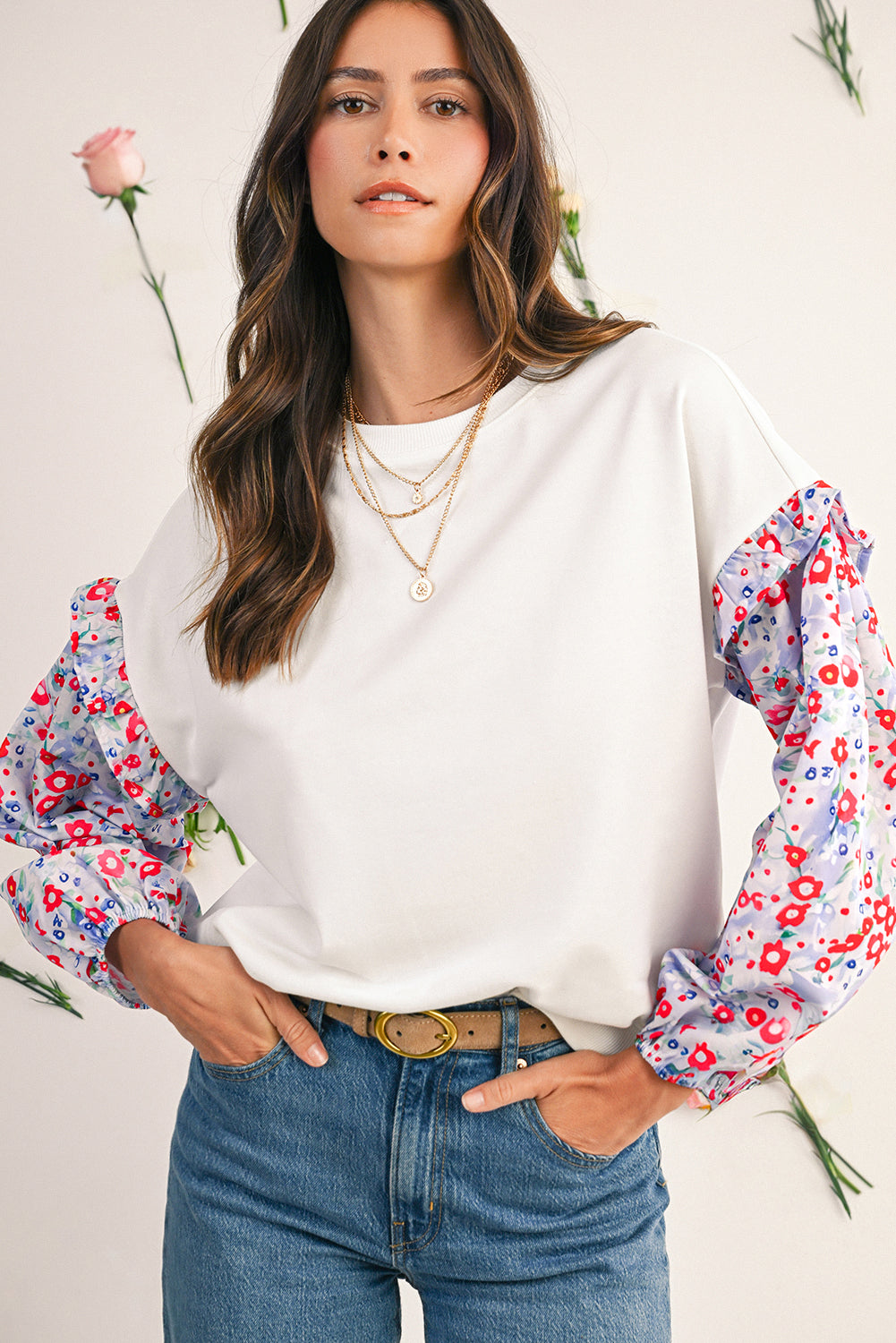 White Floral Ruffle Balloon Sleeve Patchwork Loose Blouse