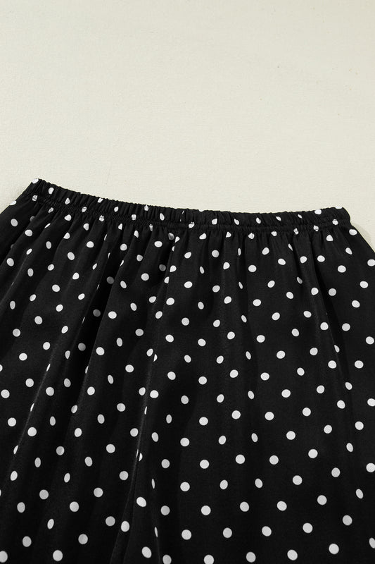 Black Polka Dot Print Elastic Waist Lace Hem Loose Pants