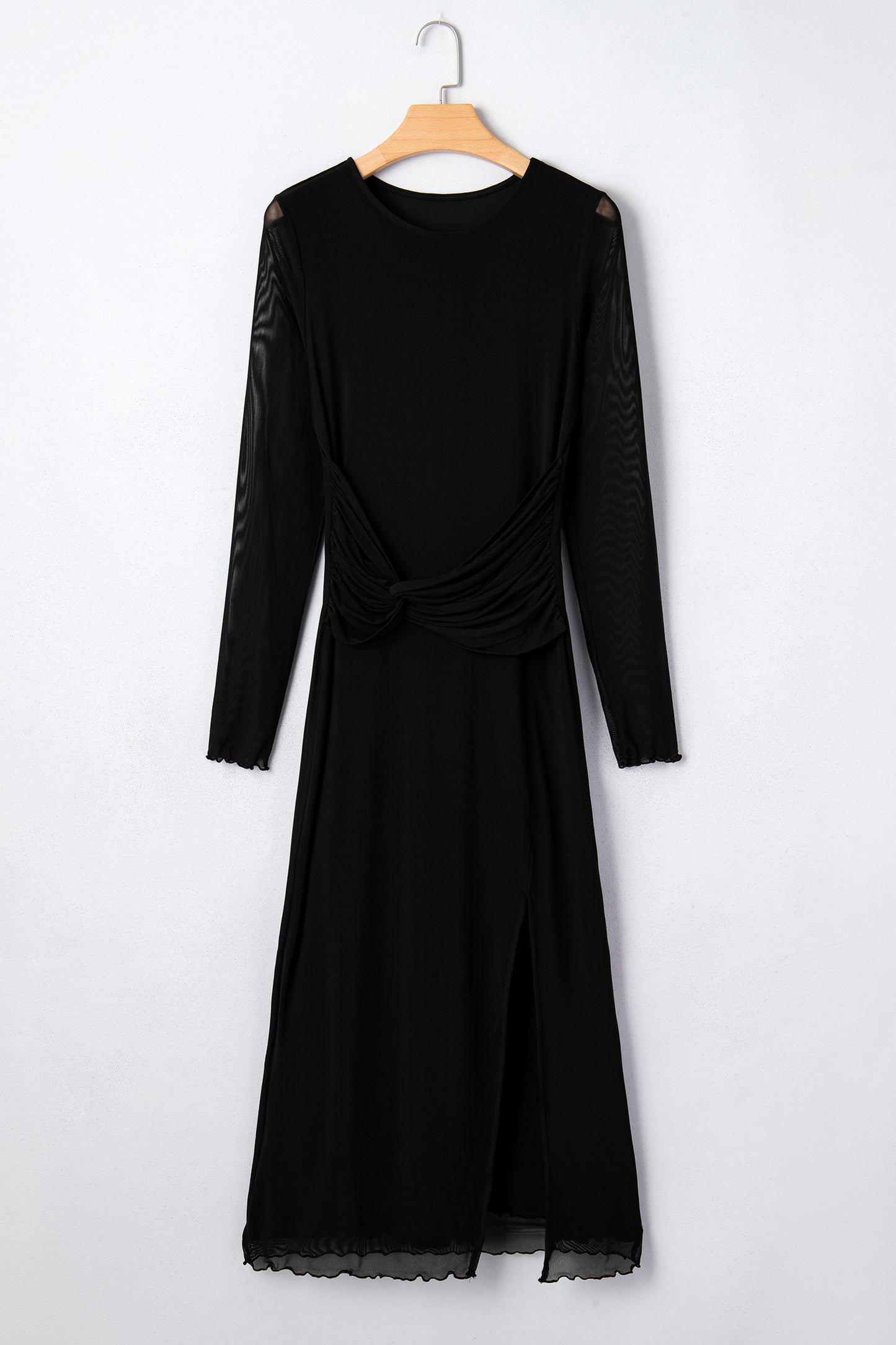 Black Sheer Mesh Long Sleeve Twisted Knot Side Slit Midi Dress