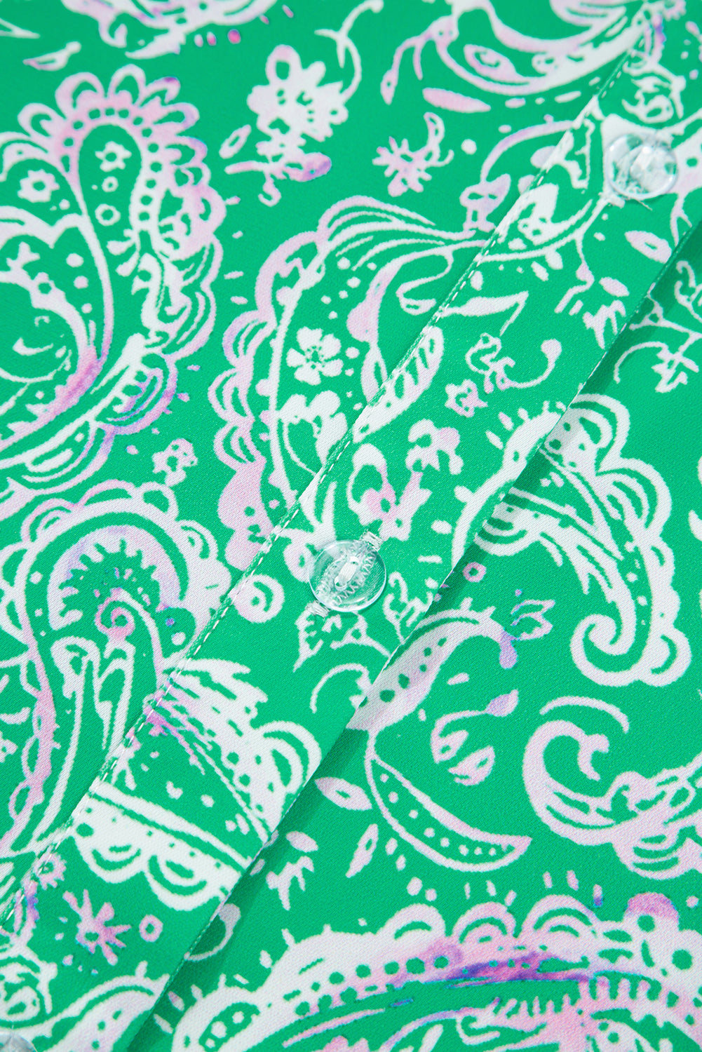 Green Paisley Print Long Sleeve Button Front Tied Waist Mini Dress