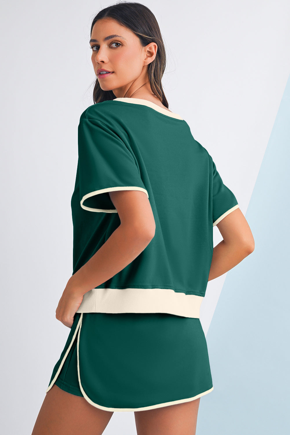 Moonlight Jade Colorblock Edge Drop Shoulder T Shirt and Skort 2Pcs Set