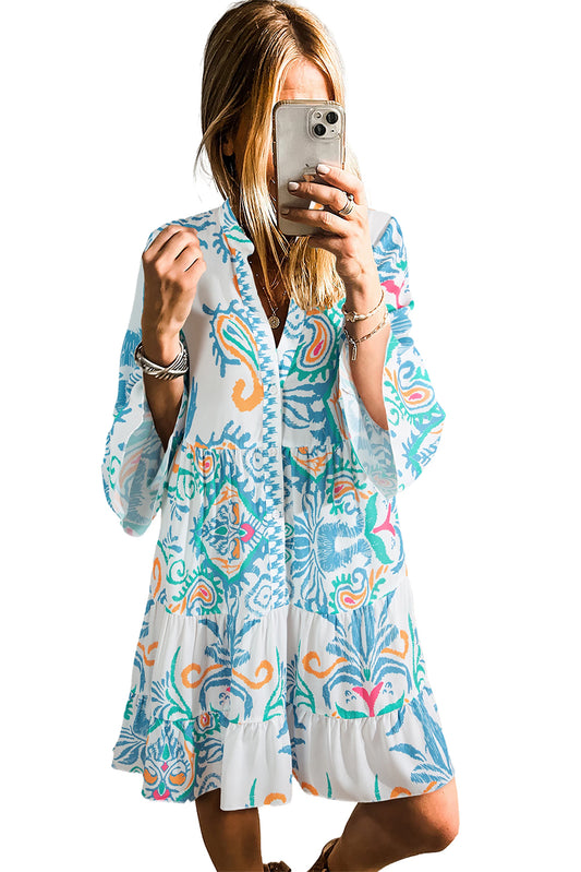 Sky Blue Ethnic Print Boho Tiered Mini Dress