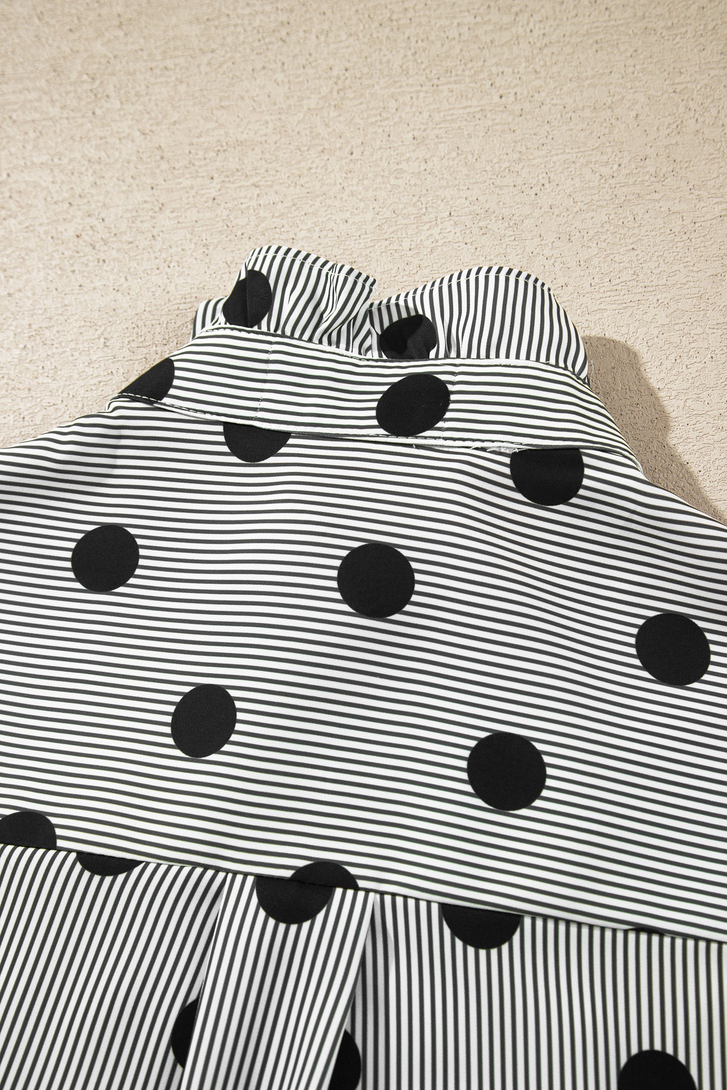 Black white Polka Dot Striped Print Ruffle Stand Neck 3/4 Sleeve Shift Shirt