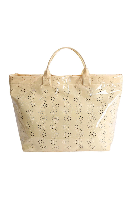 Beige Eyelet Flower Pattern PVC Glossy Waterproof Tote Bag