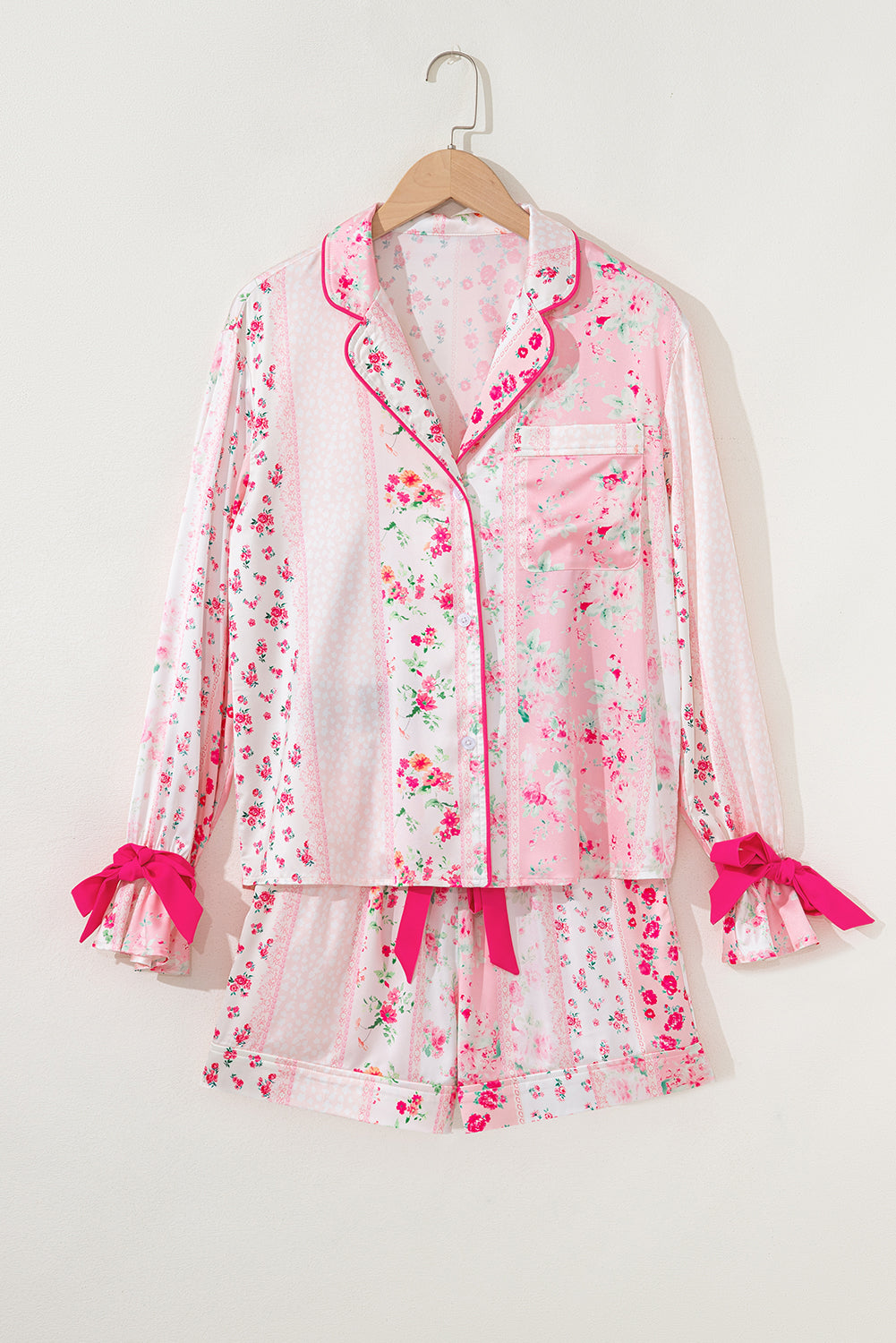 Pink Mixed Floral Print Contrast Piping Trim Satin Tie Pajama Set