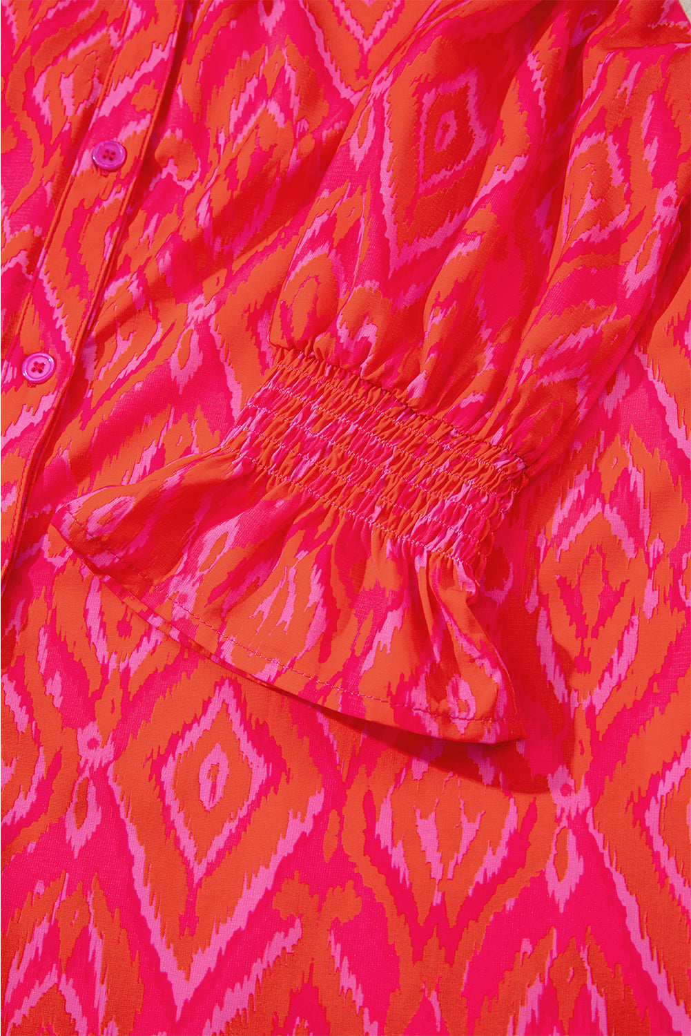Strawberry Pink Western Aztec Geometric Ruffled 3/4 Sleeve Shirt