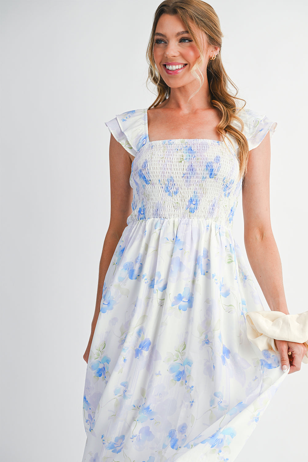 Sky Blue Floral Smocked High Waist Ruffle Sleeveless Long Dress