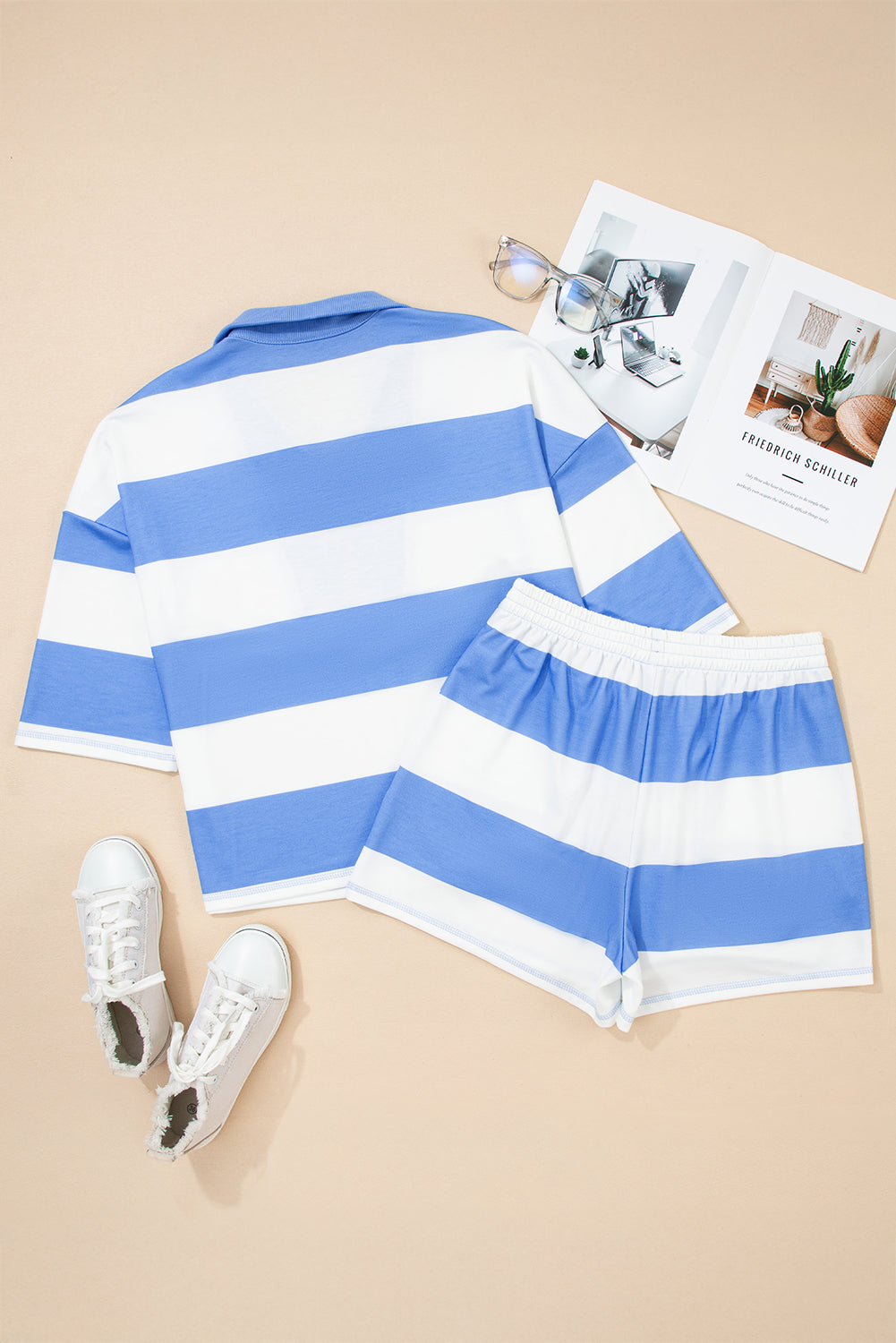 Pink Seam Detail Half Zip Tee Casual Shorts 2pcs Set