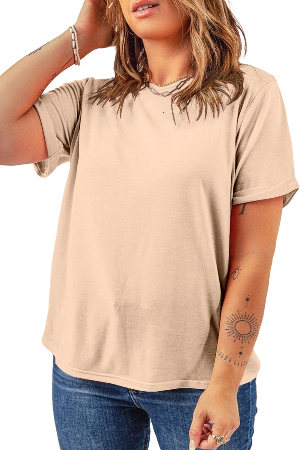 Sachet Pink Solid Color Basic Crew Neck Plain Tee