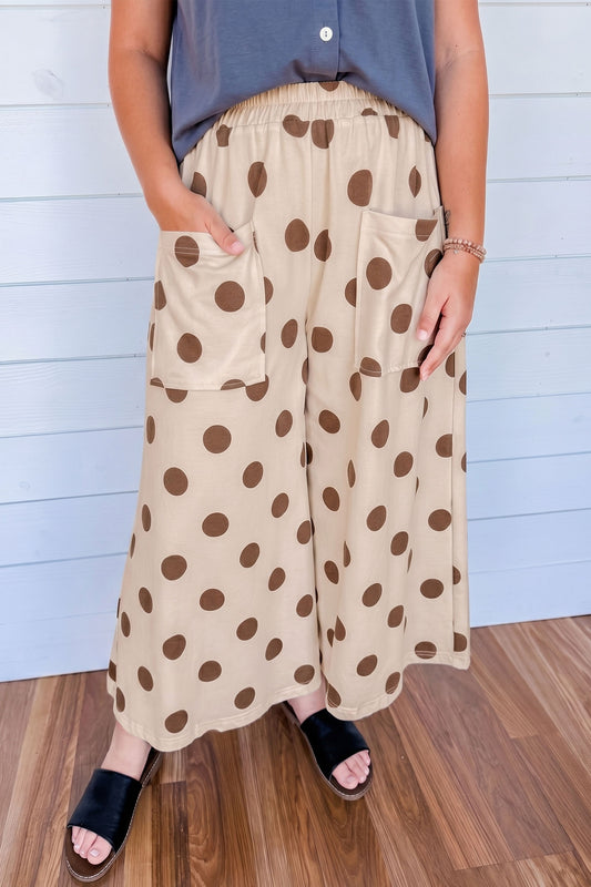 Khaki Polka Dot Elastic Waist Wide Leg Plus Size Pants