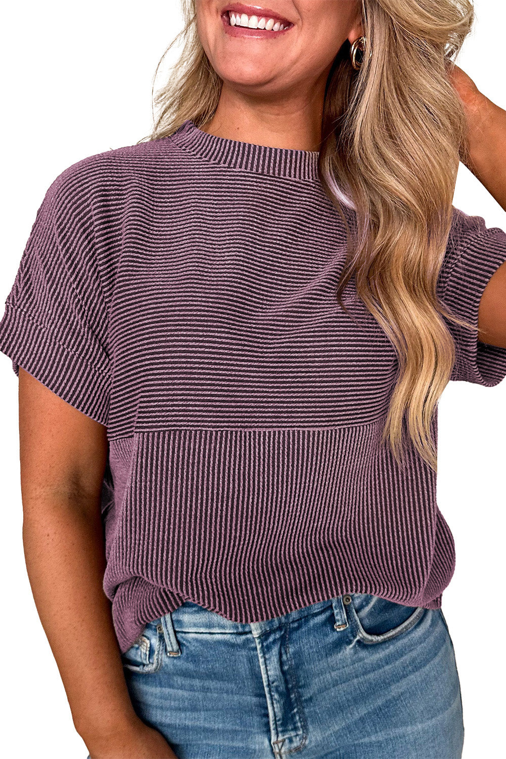Bright Pink Plain Corded Mock Neck T Shirt