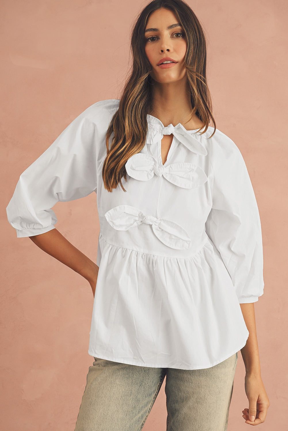 White Bow Knot Cutout Back Loose Fit 3/4 Sleeve Blouse