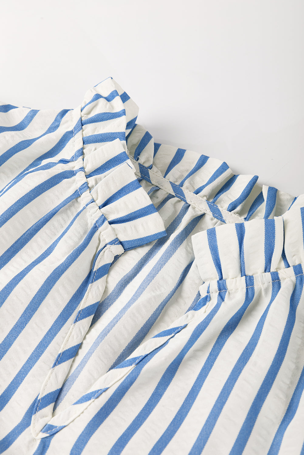 Sky Blue Striped Notched Neck Knot Cuffs Mini Dress