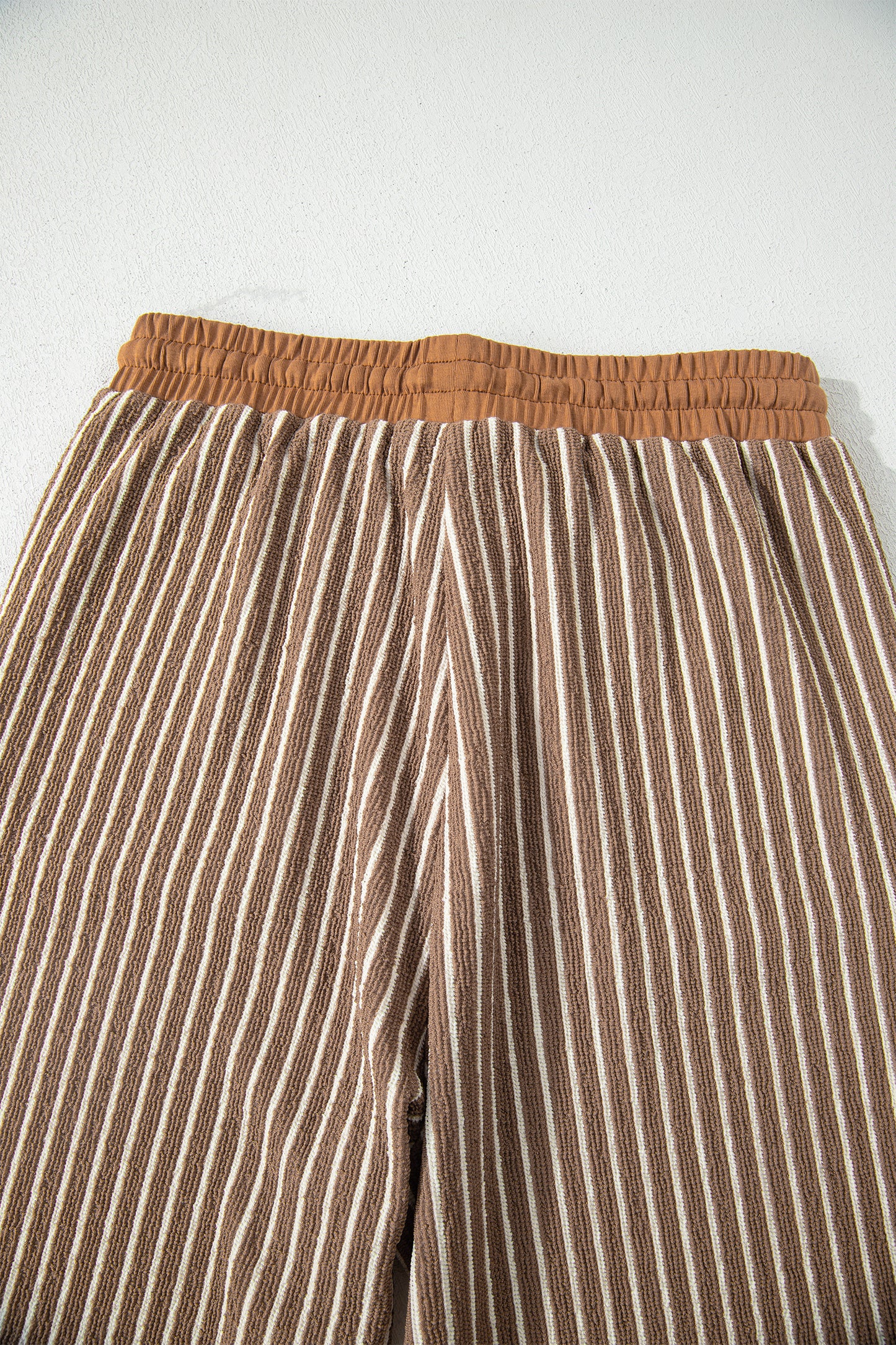 Khaki Stripe Crew Neck Tee Drawstring Waist Cropped Pants Set