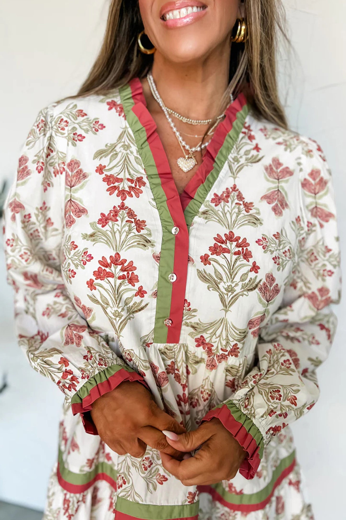 Pink Floral Print Contrast Trim Frilled Neck Long Sleeve Flared Dress