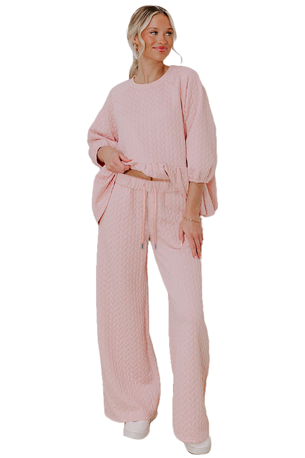 Delicacy Braided Texture Ruffle Hem Top Drawstring Loose Pants Set