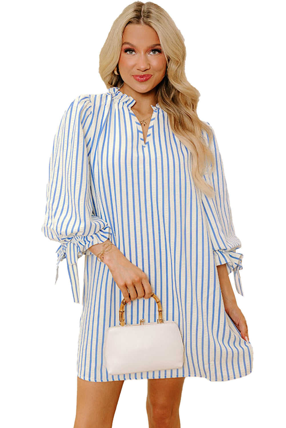 Sky Blue Striped Notched Neck Knot Cuffs Mini Dress