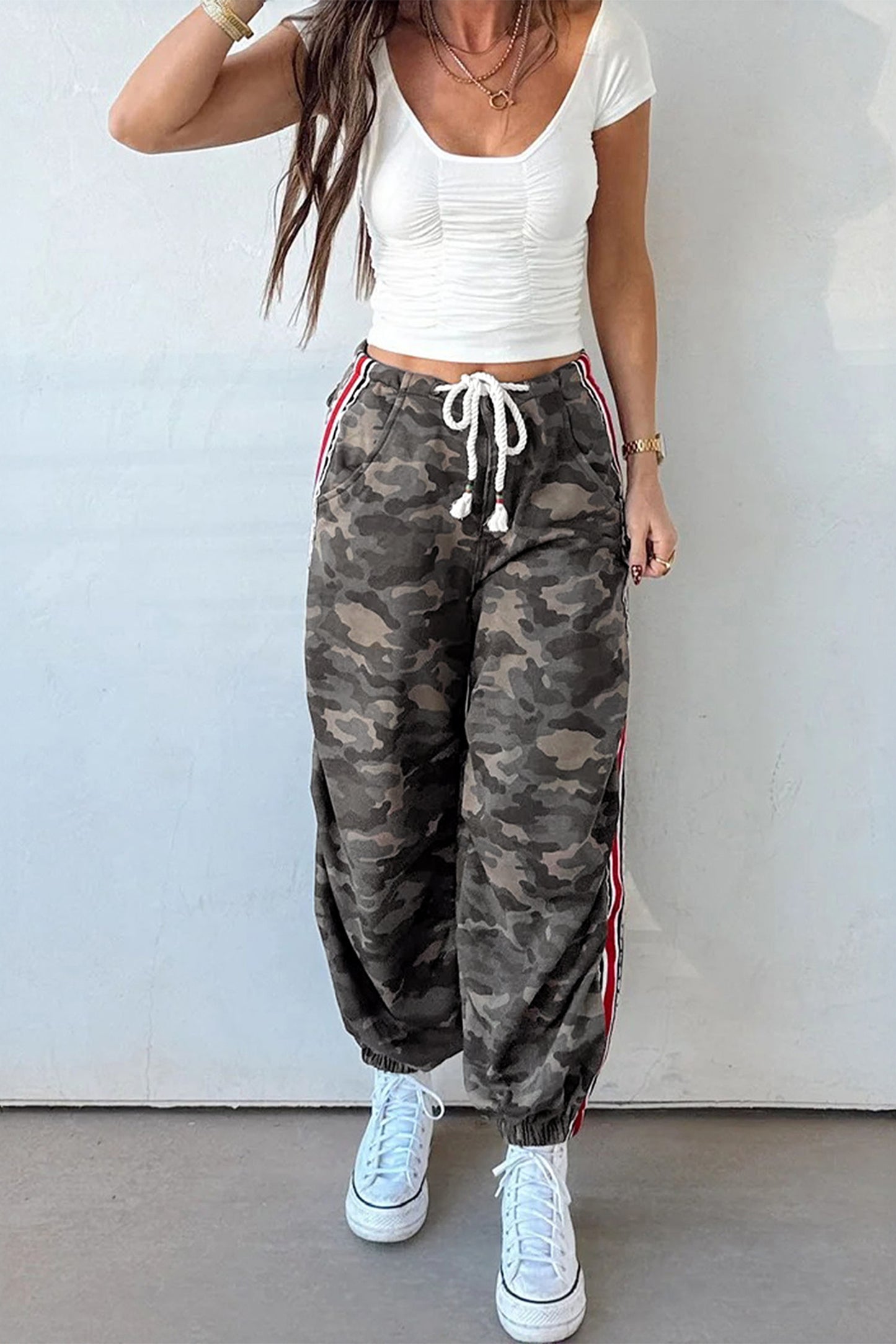 Khaki Camouflage Print Striped Side Panel Patchwork Drawstring Pants
