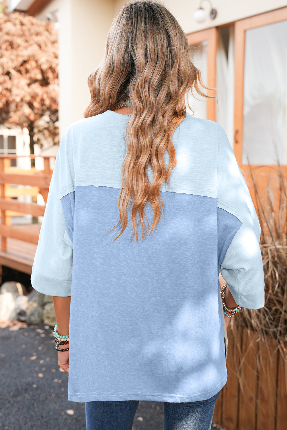 Light Blue Flower Patched Exposed Seam 3/4 Sleeve top