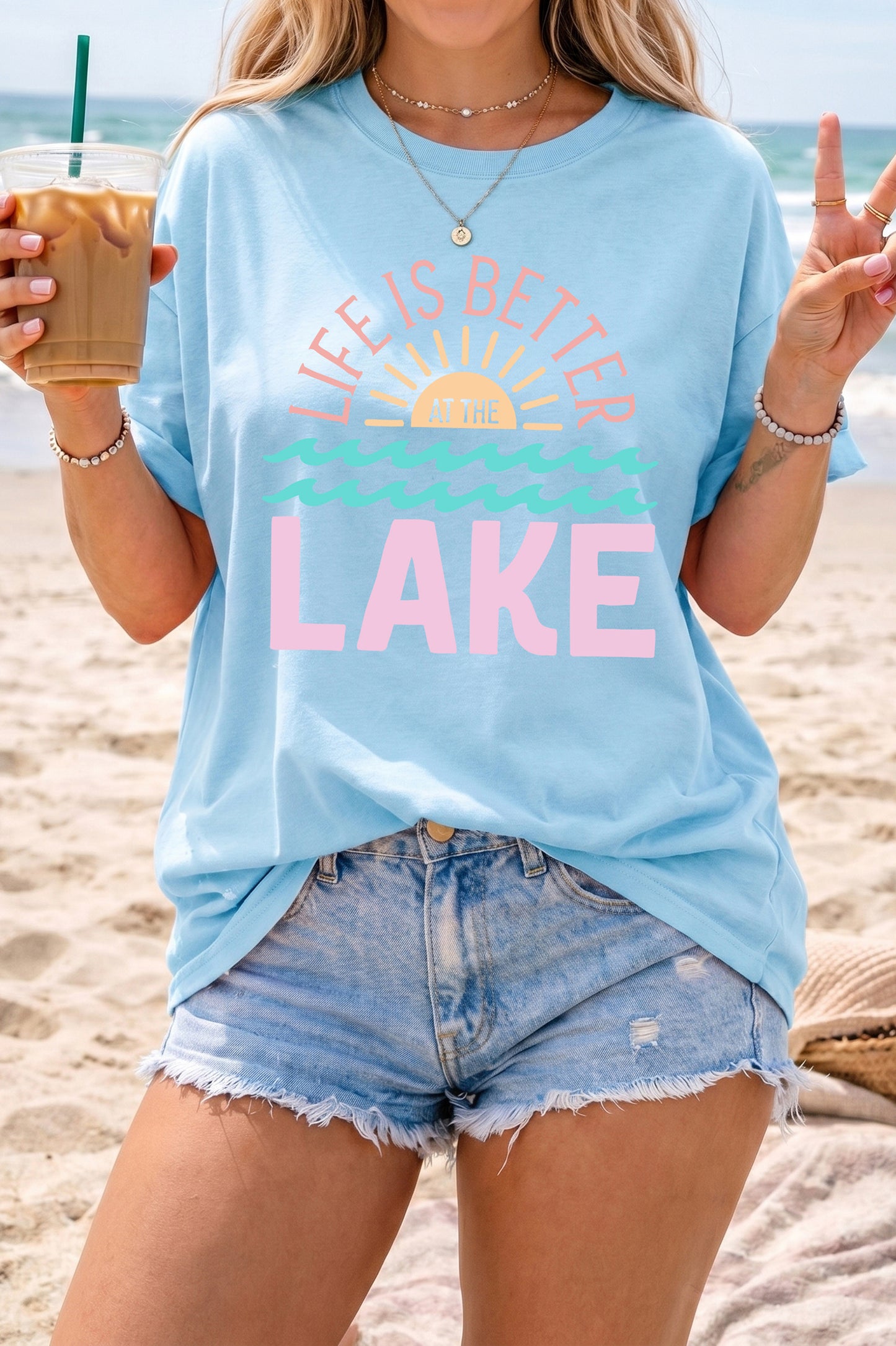 Light Blue LIFE IS BETTER AT THE LAKE Summer Vacation Graphic Tee