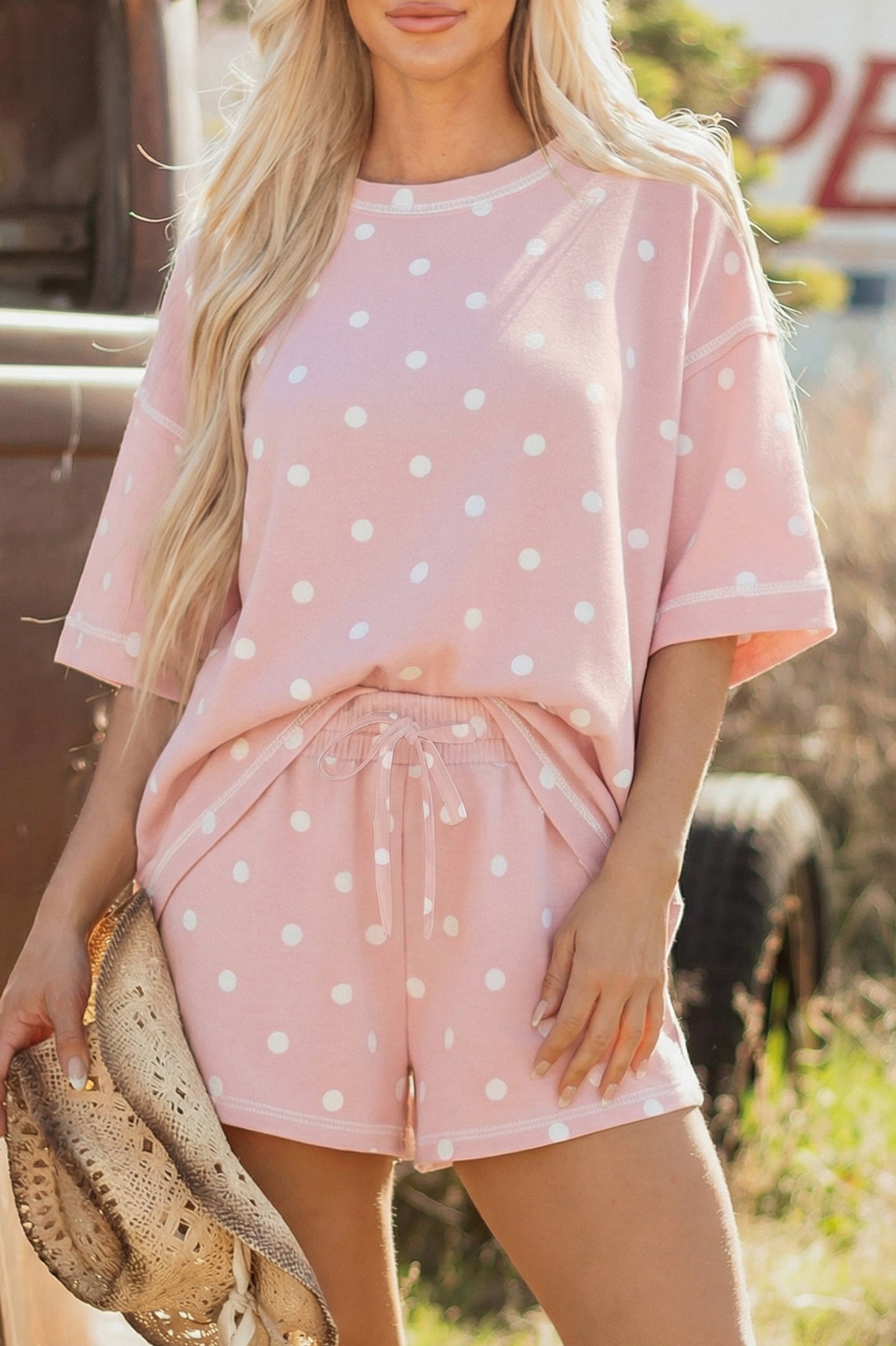 Yellow Exposed Seam Detail Polka Dot Loose Tee Drawstring Shorts Set