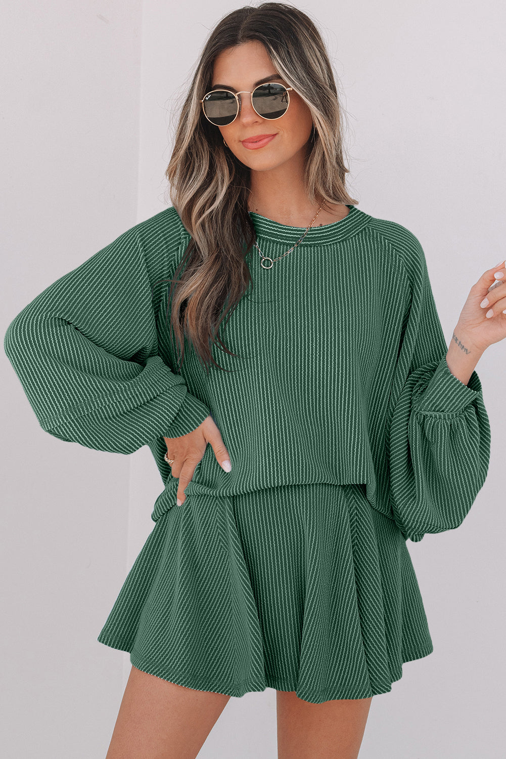 Mist Green Corded Lantern Sleeve Top High Waist Ruffled Mini Skort Set
