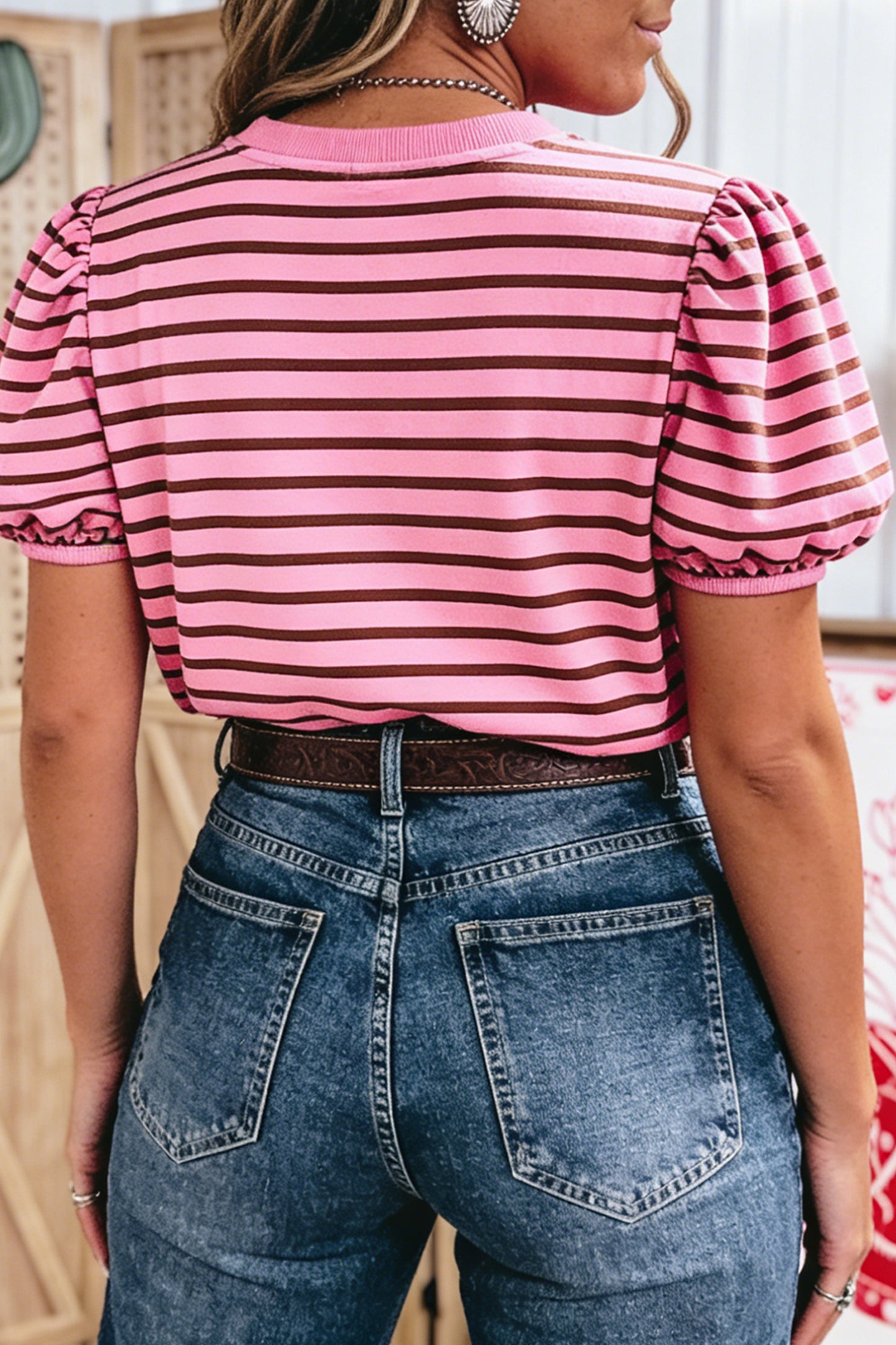 Rose Stripe Striped V-Neck Ribbed Collar Cuff Gathering Puff Sleeve Top