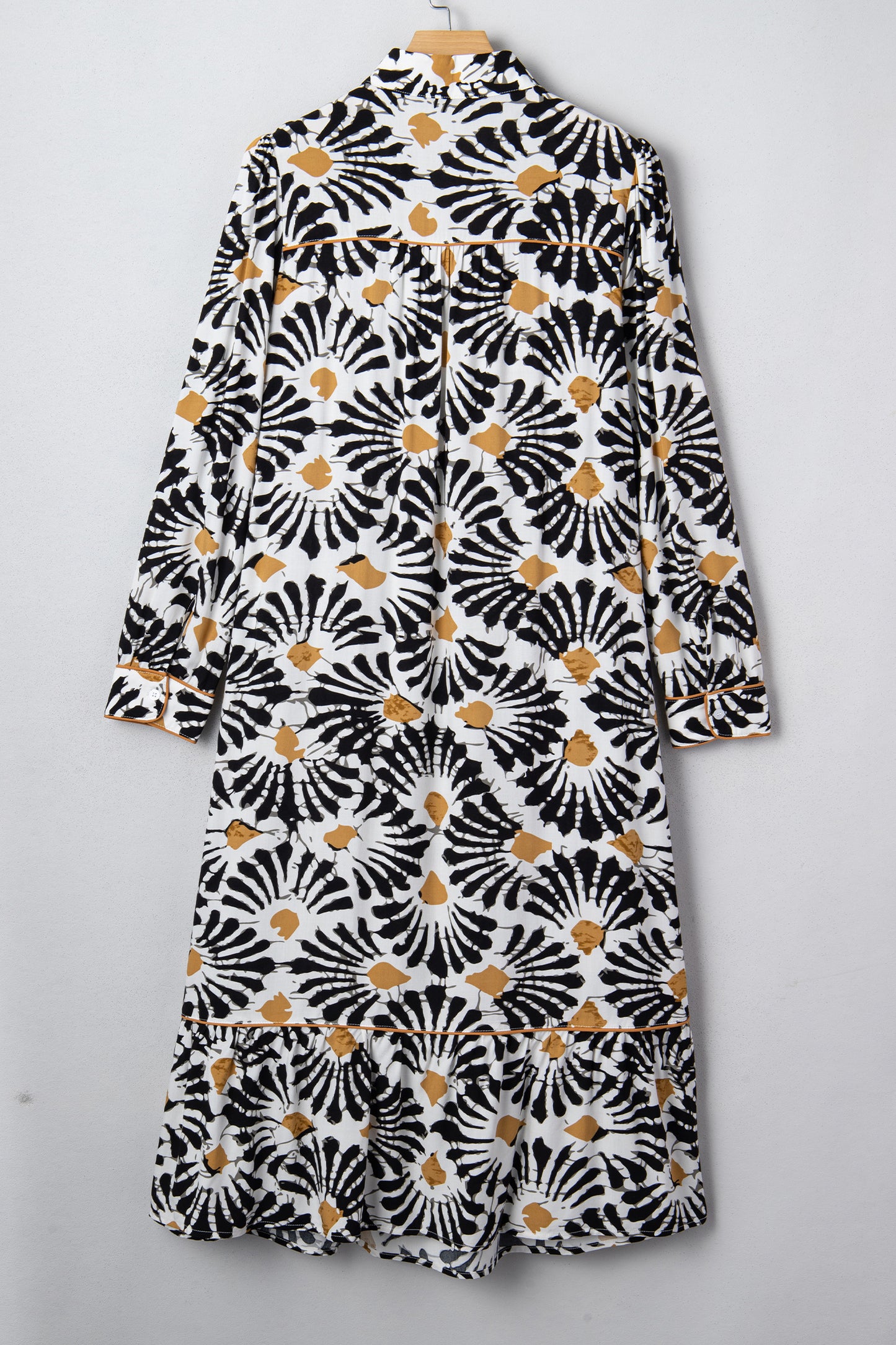 Black Abstract Floral Print Split V Neck Long Dress with Sleeves