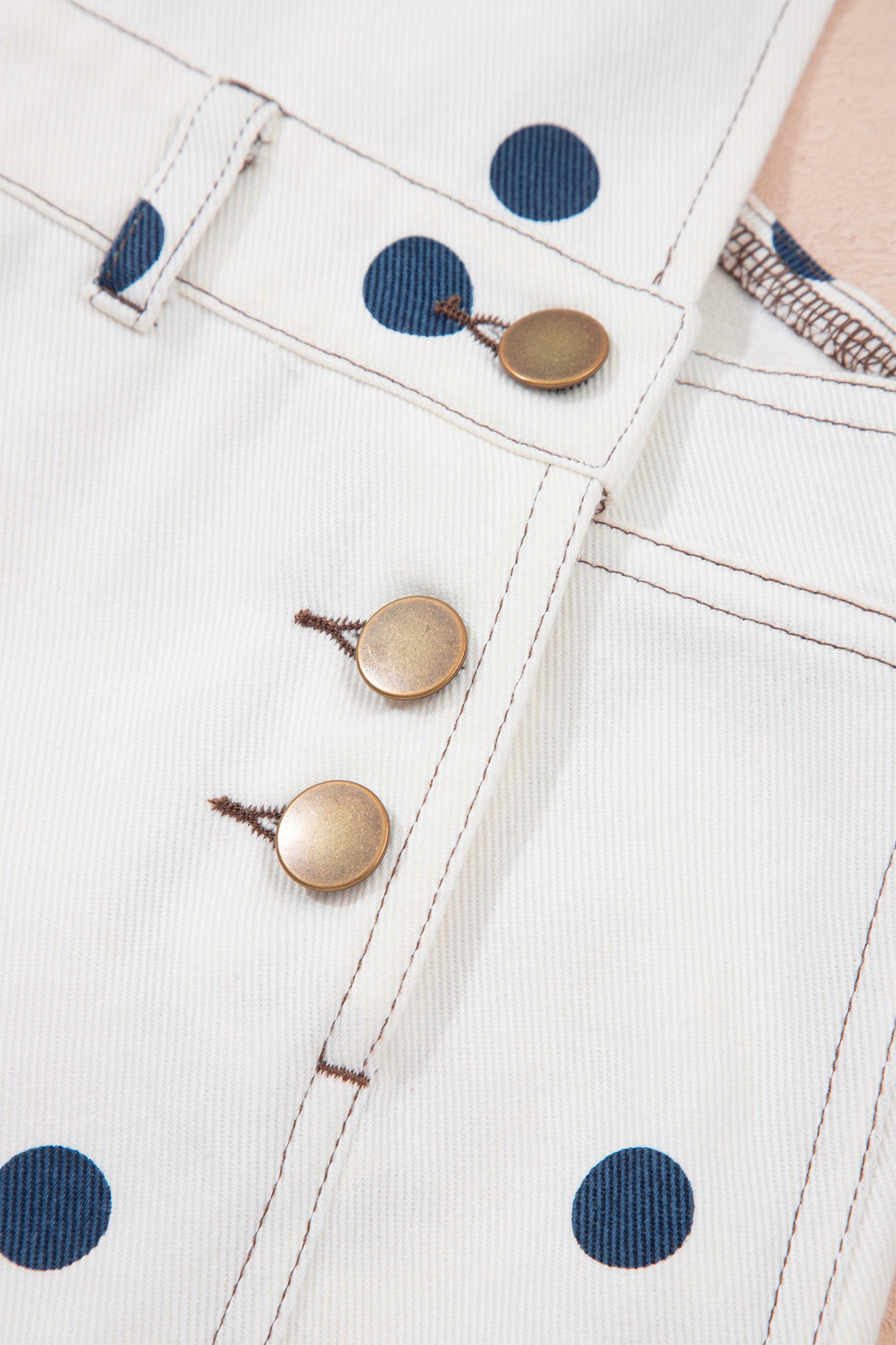 Light French Beige Polka Dot Print Bib Pocket Denim Barrel Overalls Jumpsuit