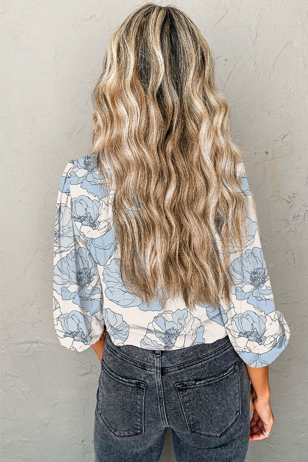 Sky Blue Floral Print Frilly Smocked Square Neck Long Sleeve Blouse