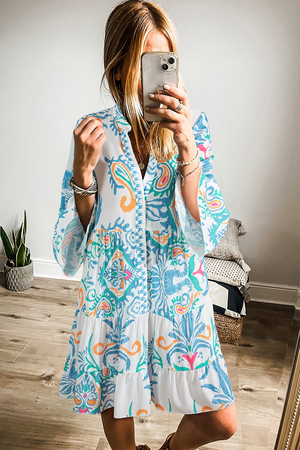 Sky Blue Ethnic Print Boho Tiered Mini Dress