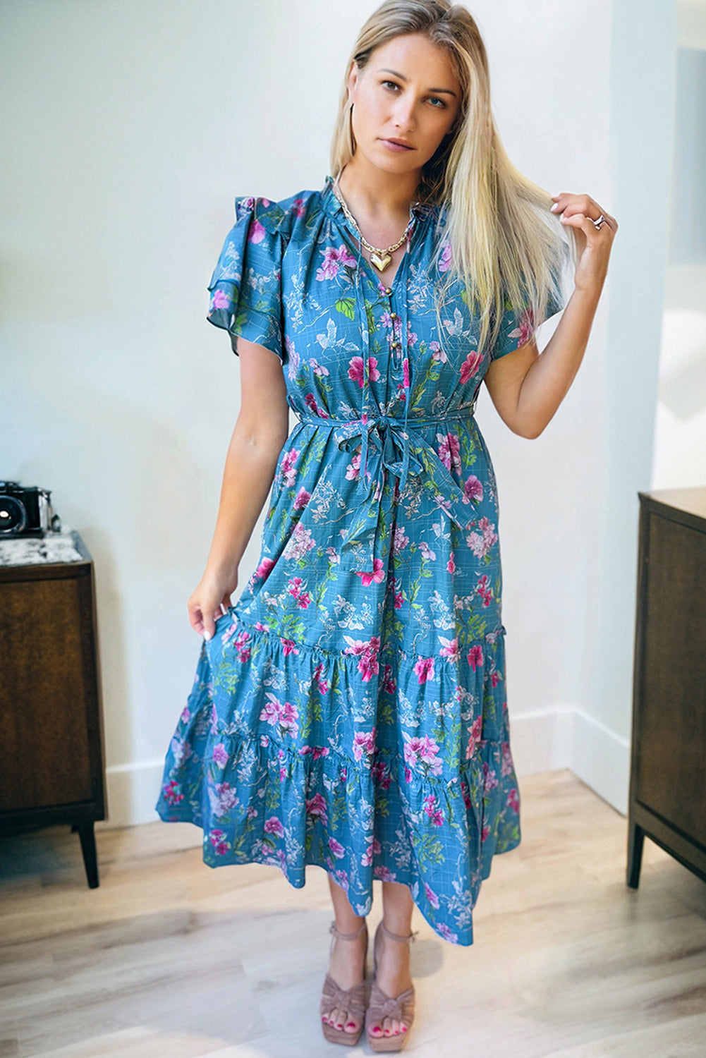 Blue Floral Flutter Sleeve Button Tie Split Neck Belted Long Dress