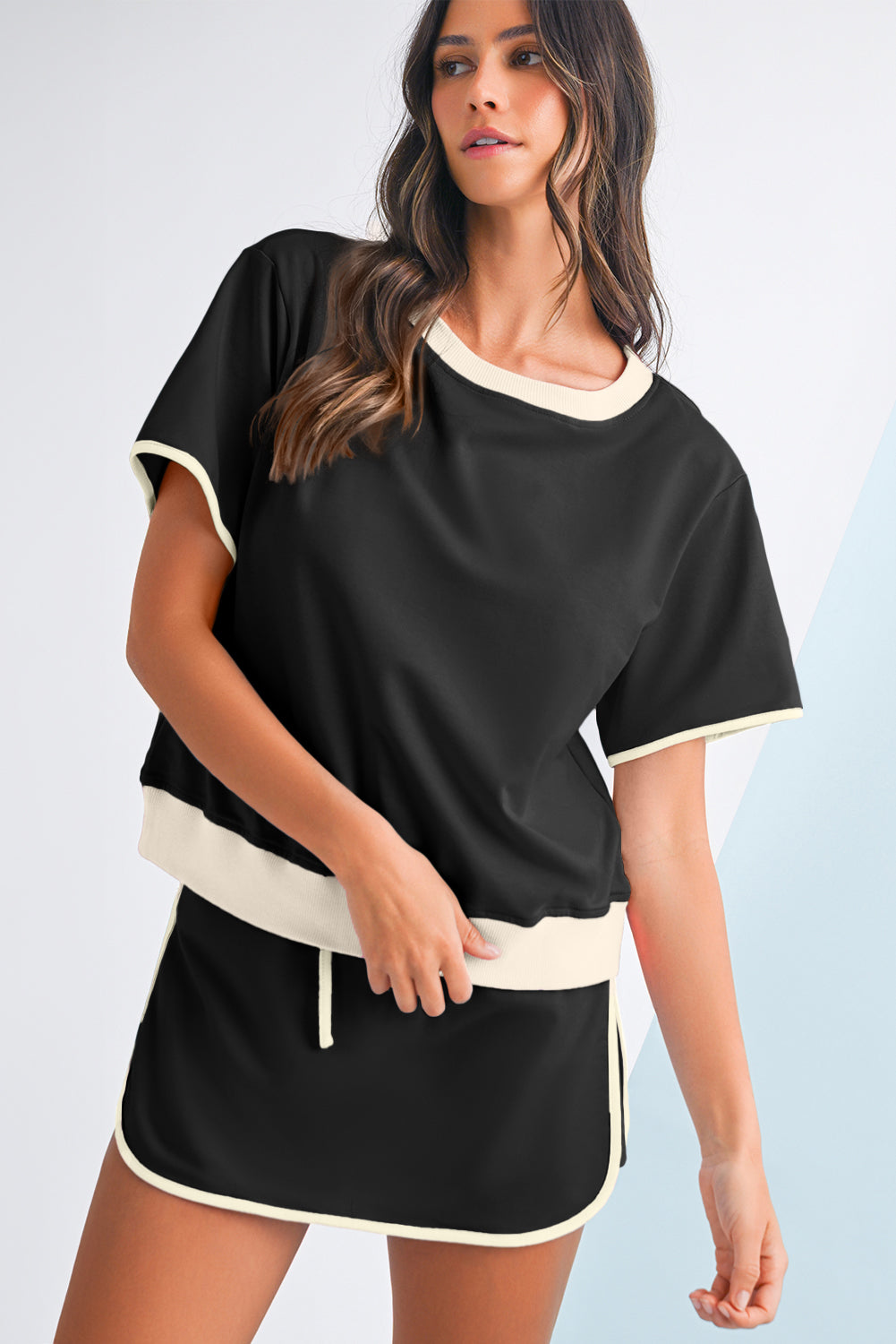 Moonlight Jade Colorblock Edge Drop Shoulder T Shirt and Skort 2Pcs Set