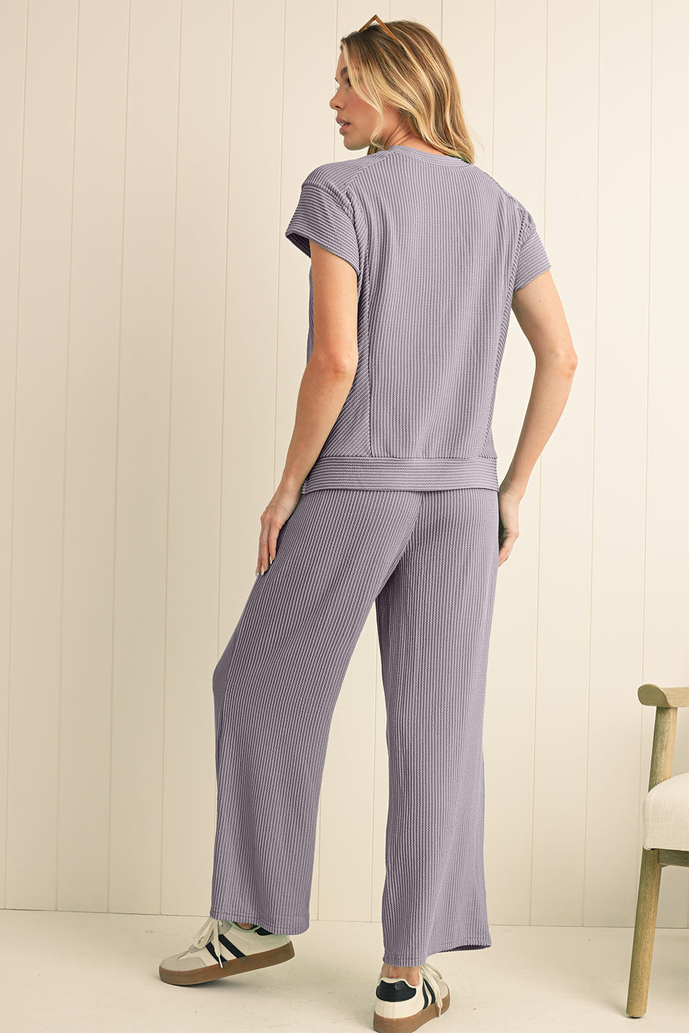 Bright Green Solid Corded T Shirt and Wide Leg Pants Set