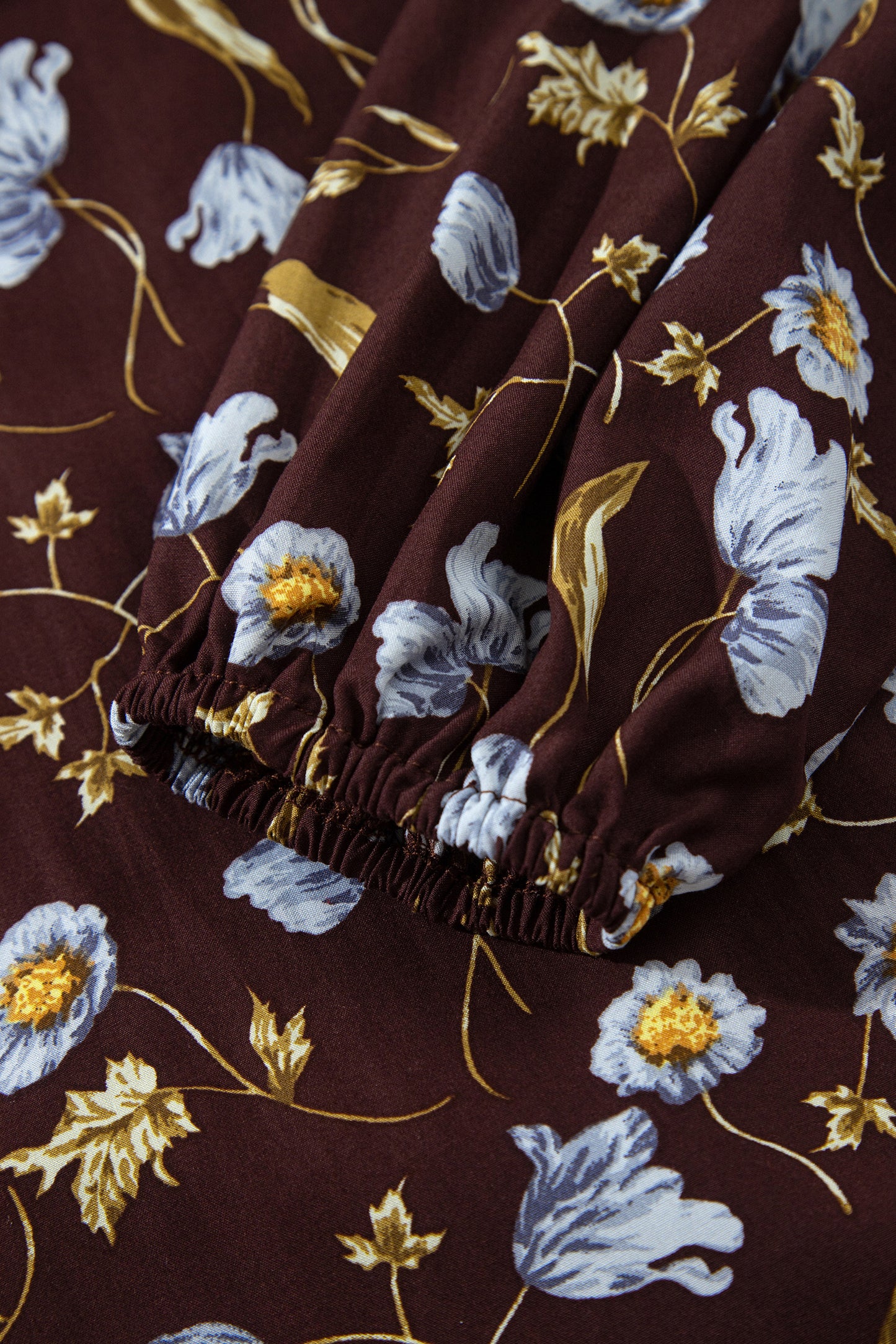 Brown Floral Print Shirred V Neck Shift Dress